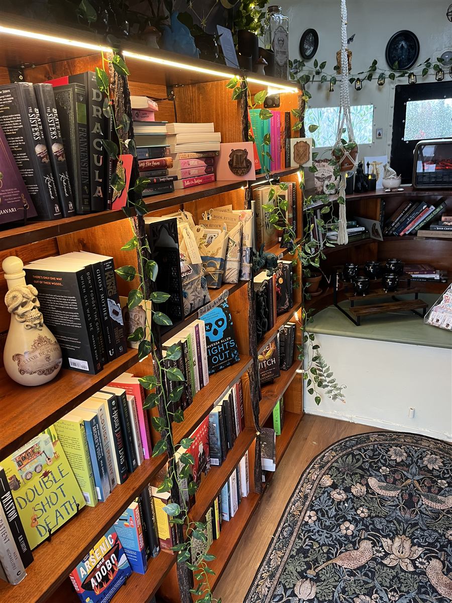 Curated books on the Willow Wisp Books trailer shelves